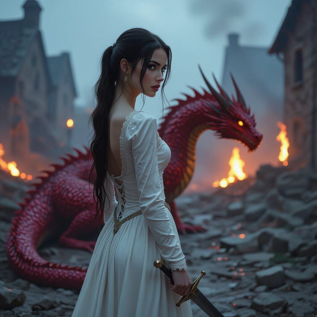 Woman and Dragon in Burning Medieval Village