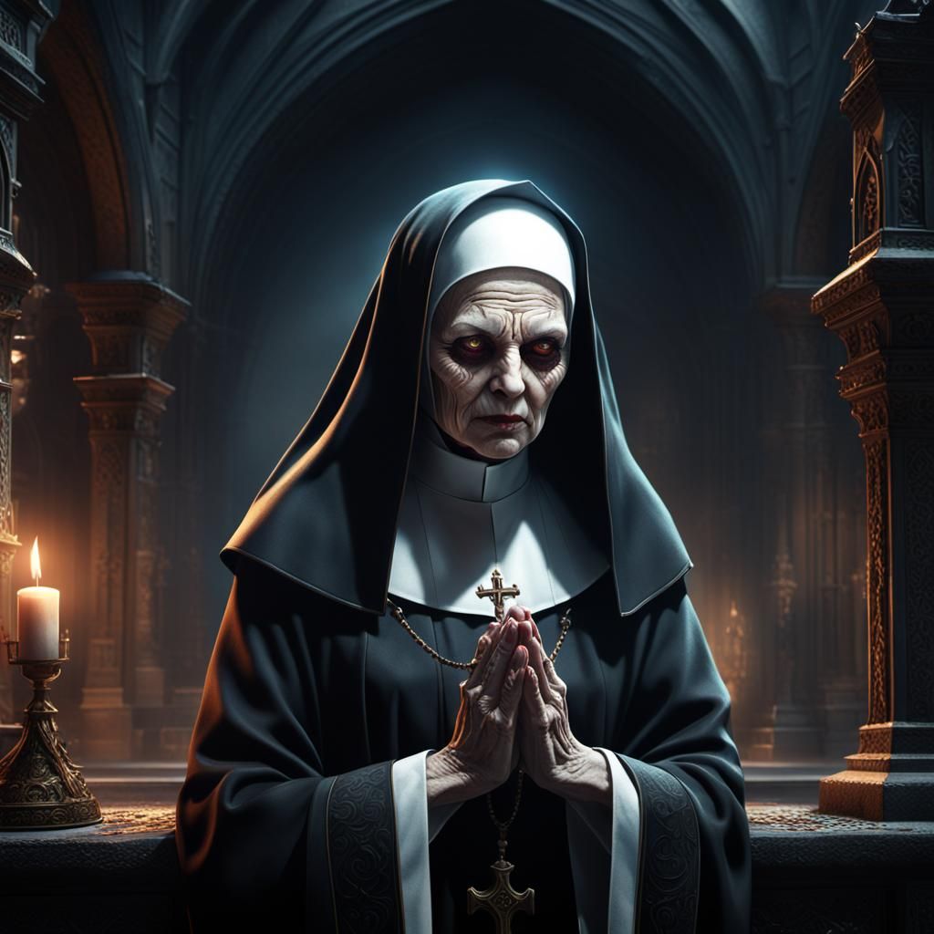 Evil Nun in Prayer: Detailed Matte Painting