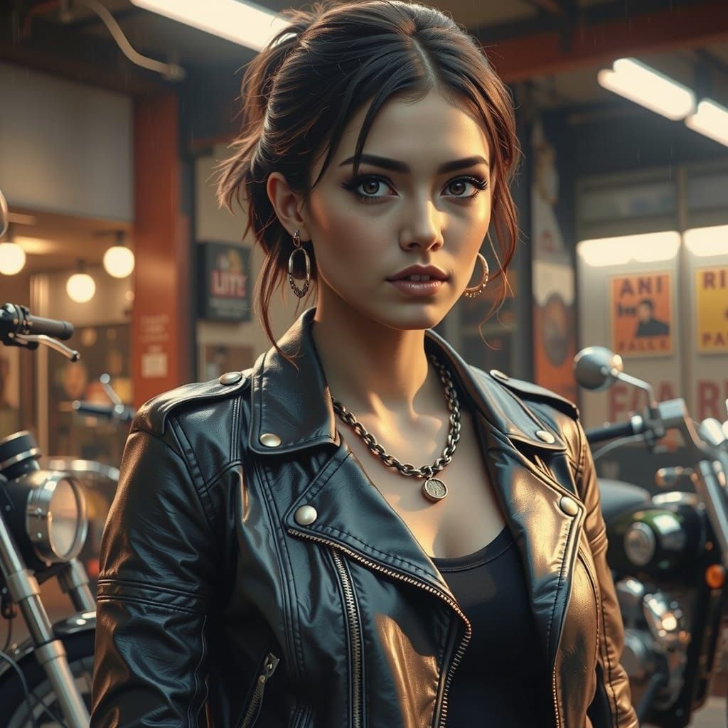 Lara Croft as Cyberpunk Biker in Rainy Cityscape