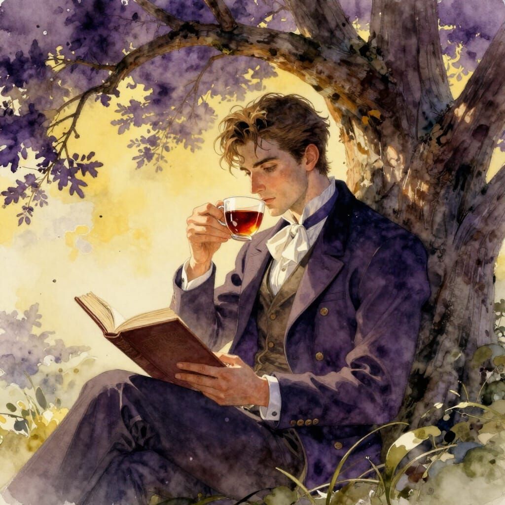 Gentleman Reading Under Oak Tree in Watercolor Style