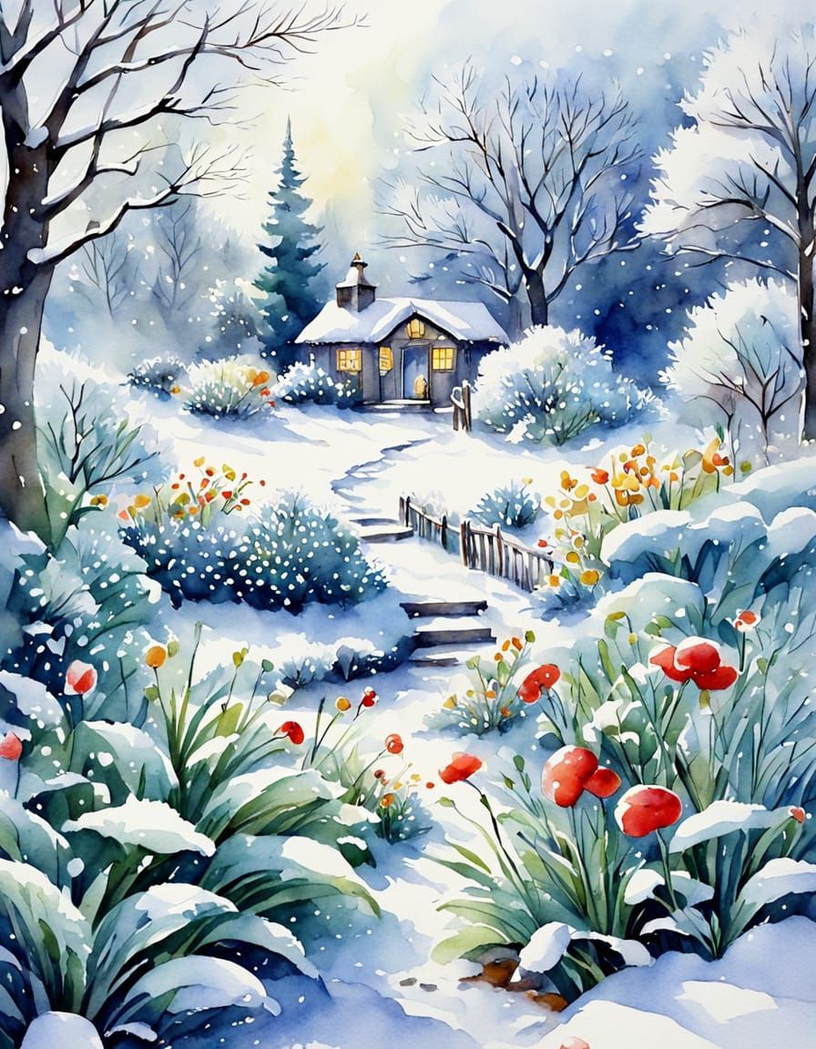 Beautiful Snowy Garden Children's Storybook Illustration