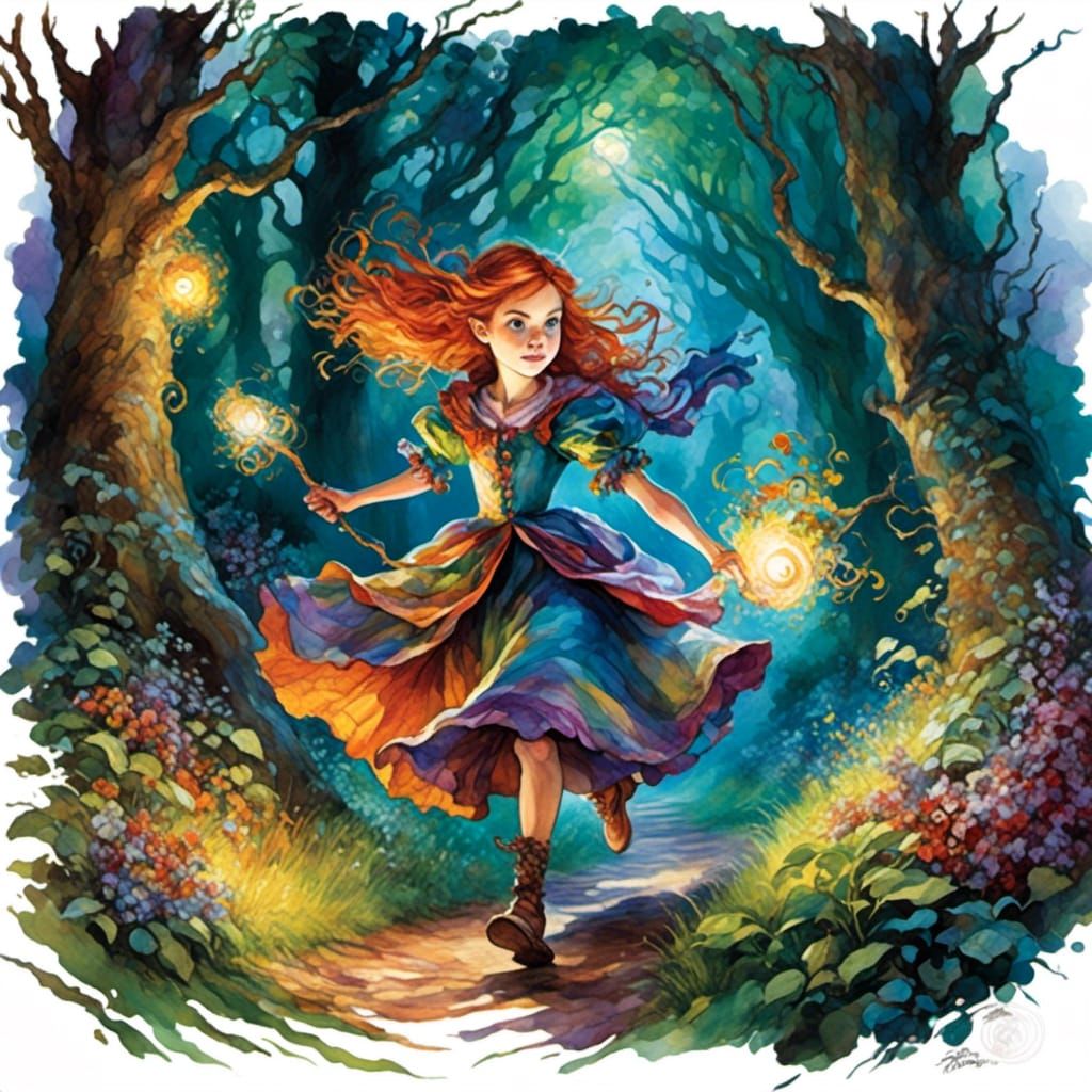 Young Witch Races Through Dark Forest