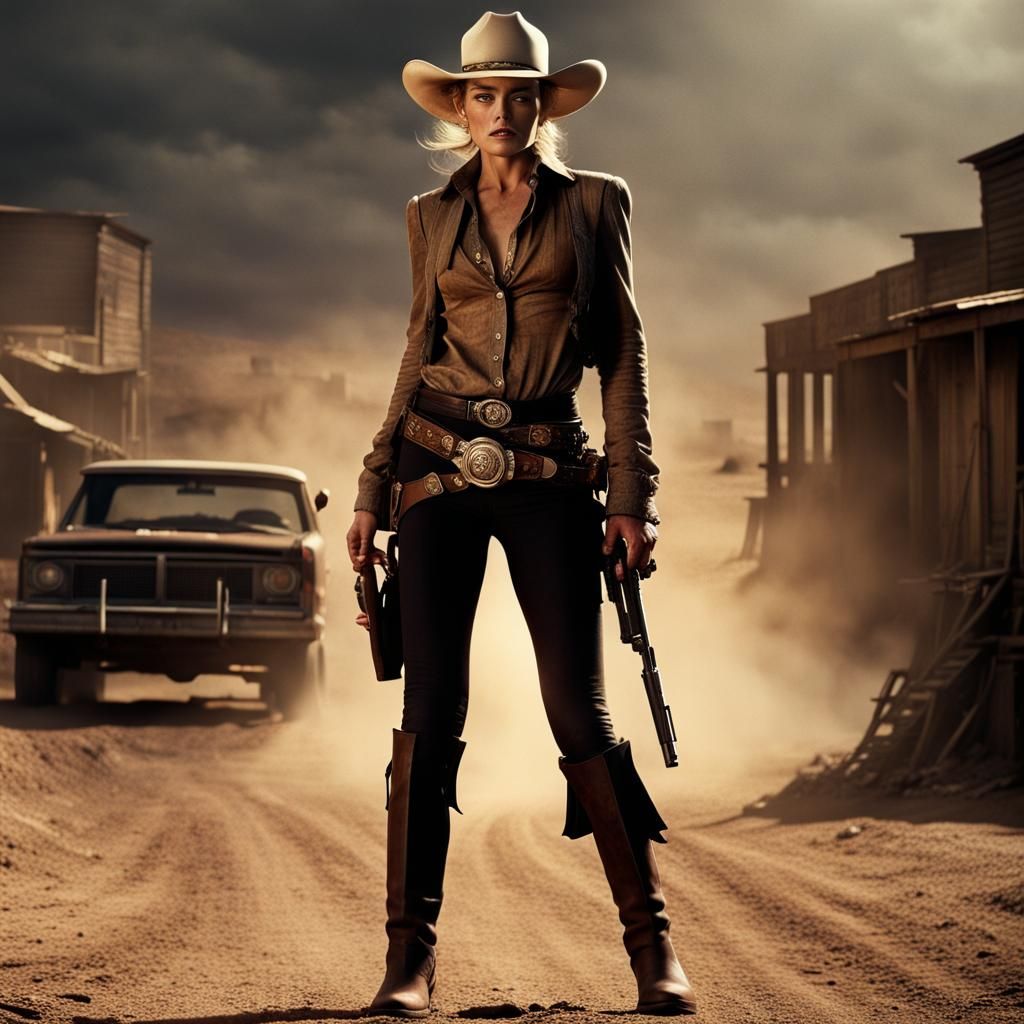 Fierce Young Woman Fires Revolver in Western Scene