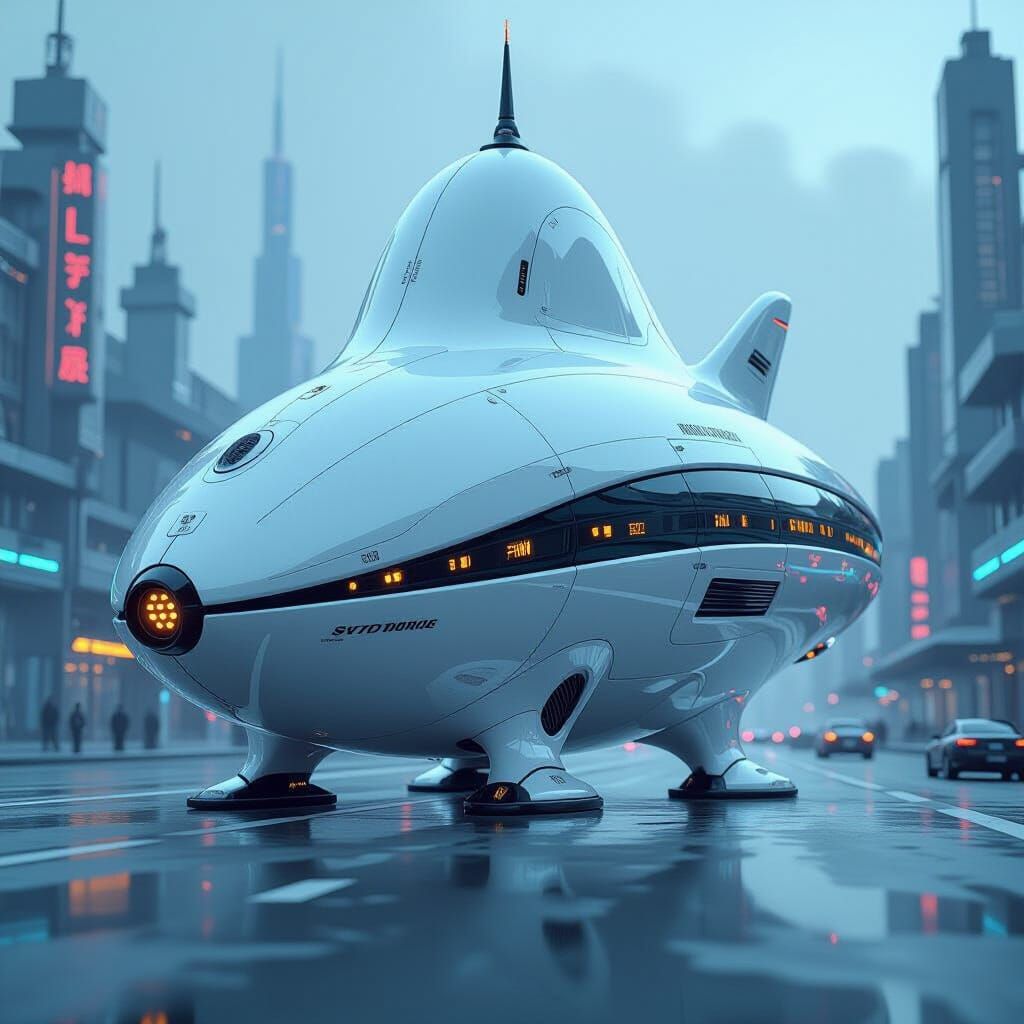 Futuristic Pear Spaceship in Industrial Neon Style