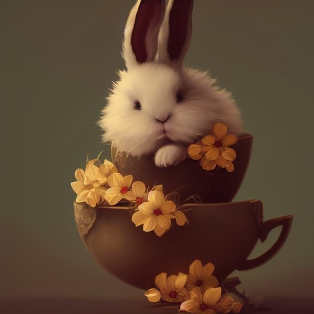 Cute Baby Bunny Sleeping in Teacup: Fantasy Art
