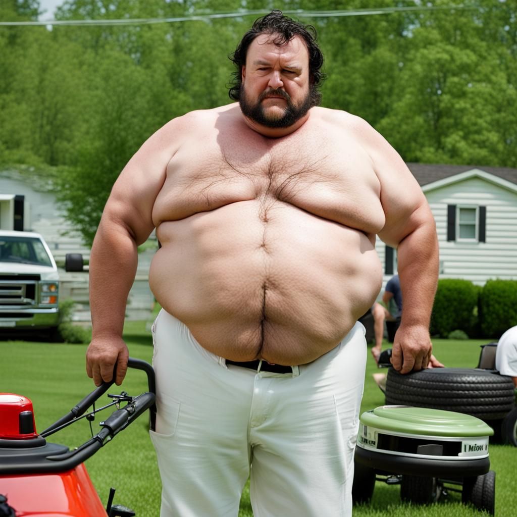 Overweight Man Mowing Lawn in Trailer Park