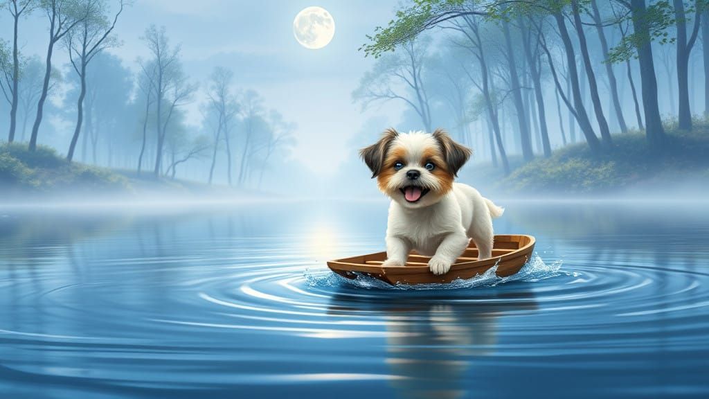 Dreamy Shih Tzu in Moonlit River Scene