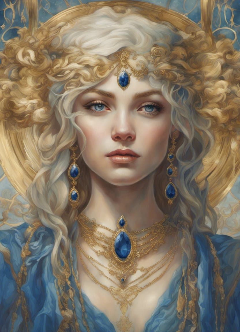 Elegant Portrait with Gold and Sapphires in Hyperrealism