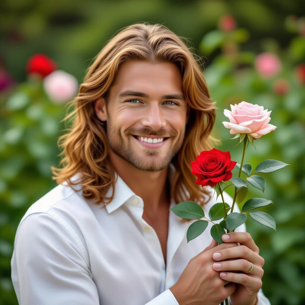 Handsome Redhead Holds Rose in a Vibrant Garden
