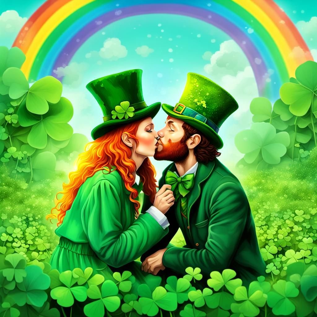 Leprechaun Couple Kissing Under Rainbow, Pixar Style