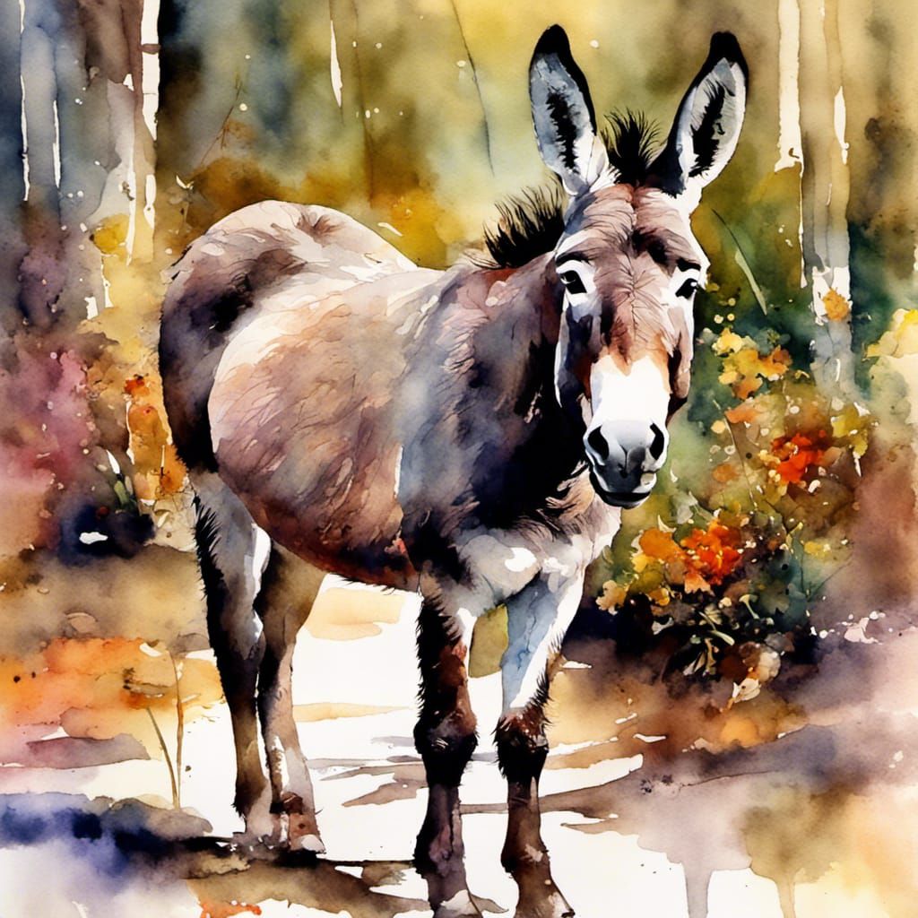 Watercolor Donkey in Autumn Forest Ecosystem