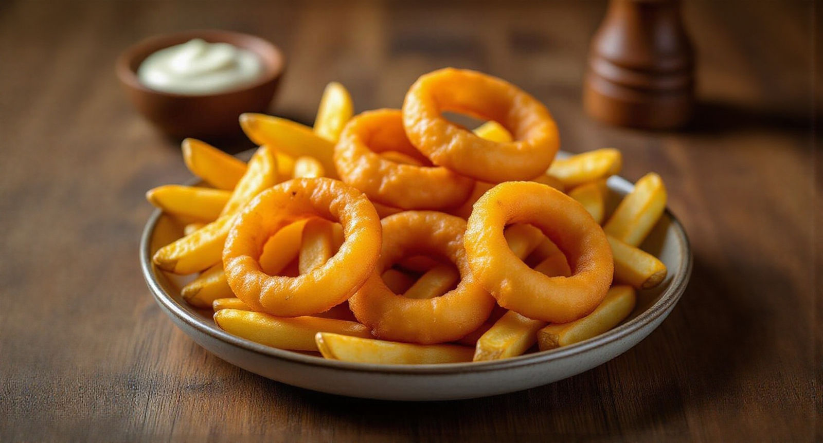 Hyper Realistic Plate of French Fries and Onion Rings