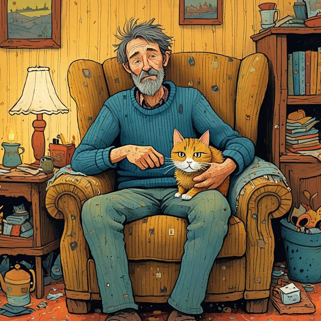 Cozy Folk Art: Man and Cat in Armchair