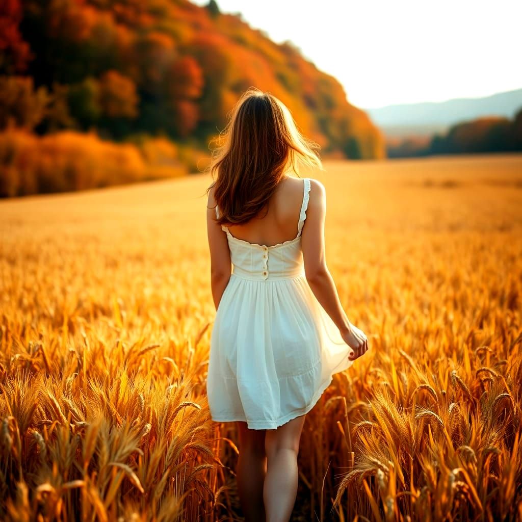Woman in Wheat Field on Autumn Day