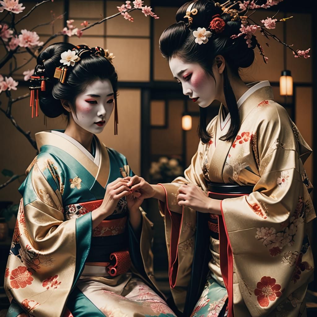 Geishas with Robotic Hands: A Cinematic Film Still
