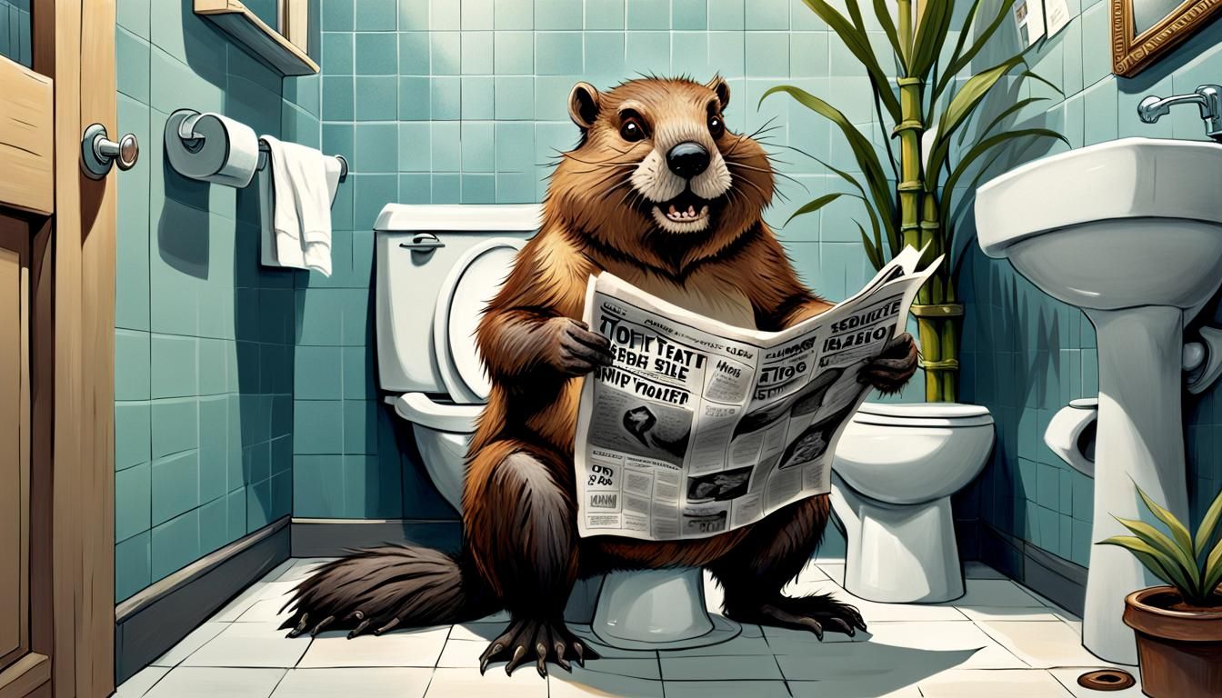 a  hairy furry beaver is sitting on a toilet in a bathroom r...