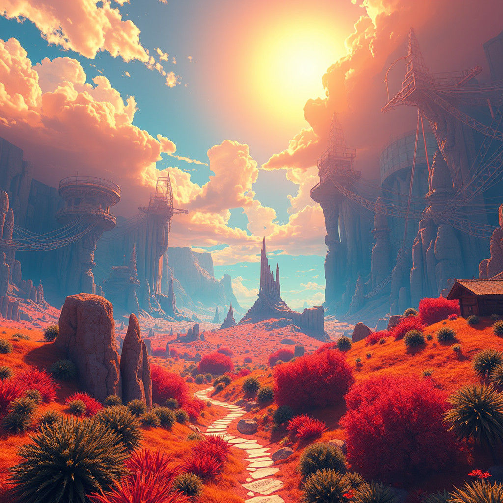 Dreamlike Sun-Drenched Landscape in Surreal Digital Art Styl...