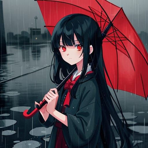 Manga-Inspired Girl Under Rainy Umbrella