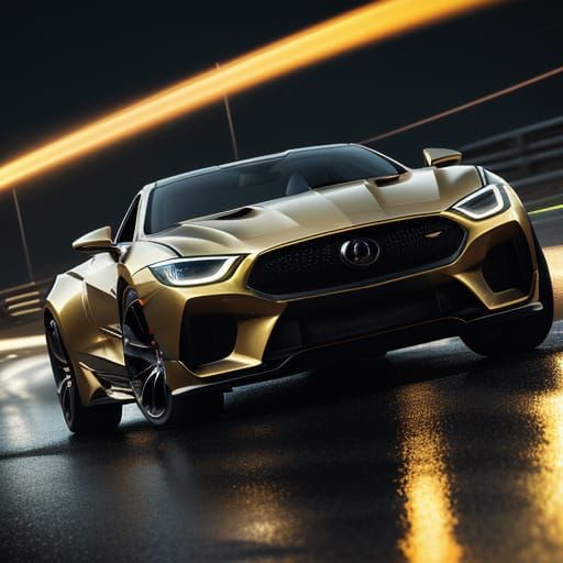 Golden Hour Speed: Metallic Car in Neon City