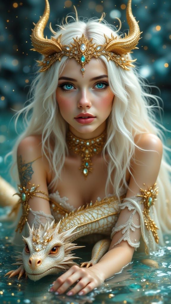 Otherworldly Woman with Baby Dragon in Moonlit Palace