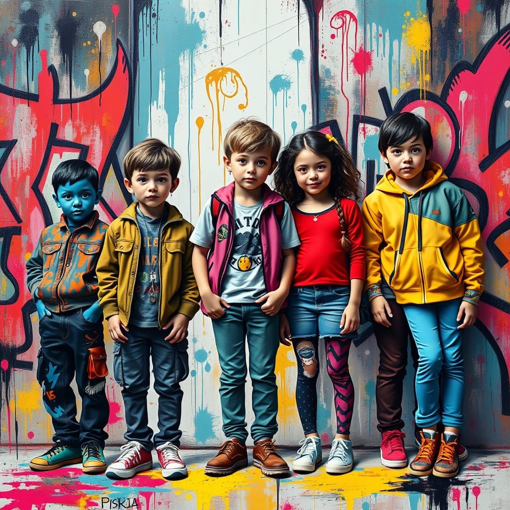 Vibrant Family Portrait in Cyberpunk Graffiti Style