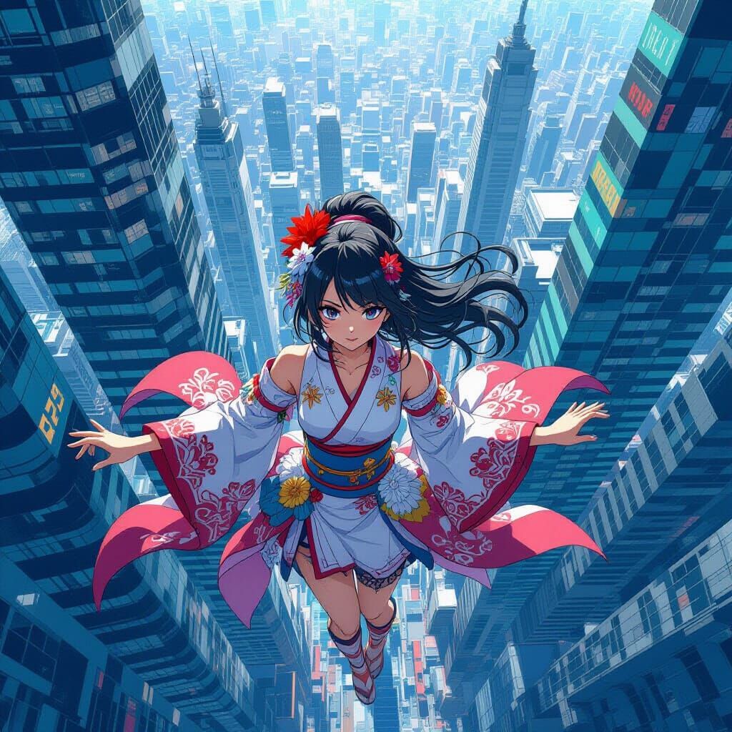 Anime Woman in Vertigo-Inducing Skyscraper Landscape