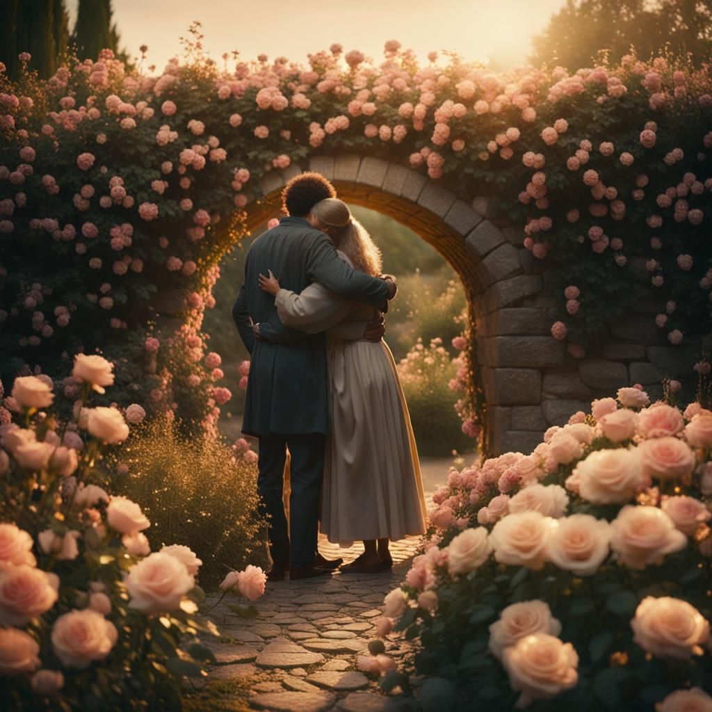 Romantic Embrace in a Rose Garden at Twilight
