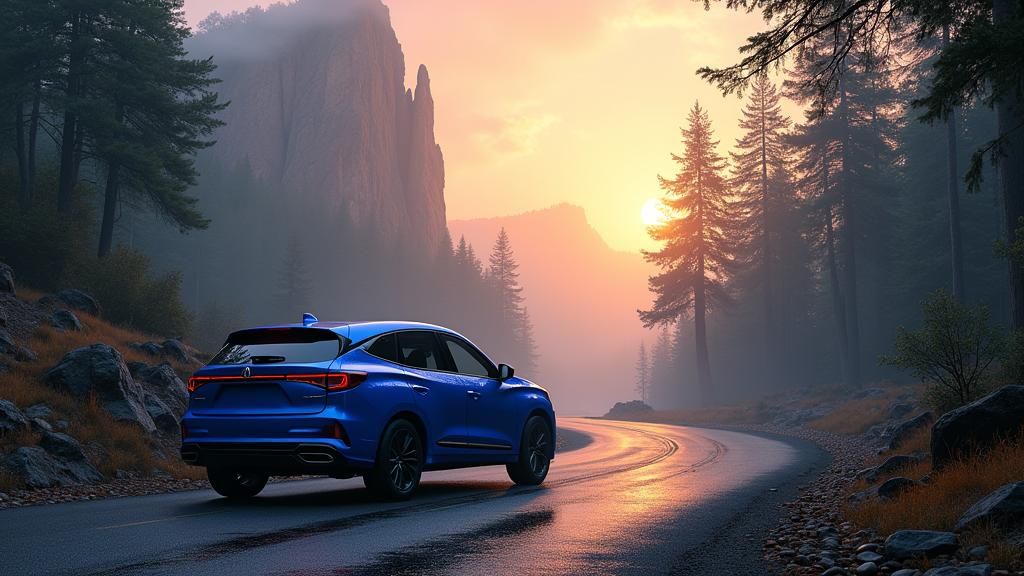 Blue Acura MDX on Misty Ozark Mountain Road