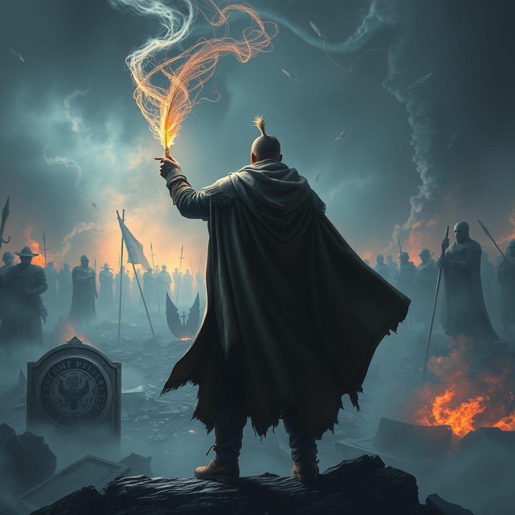 Warrior Scholar Amidst Narrative Battlefield, Digital Matte ...