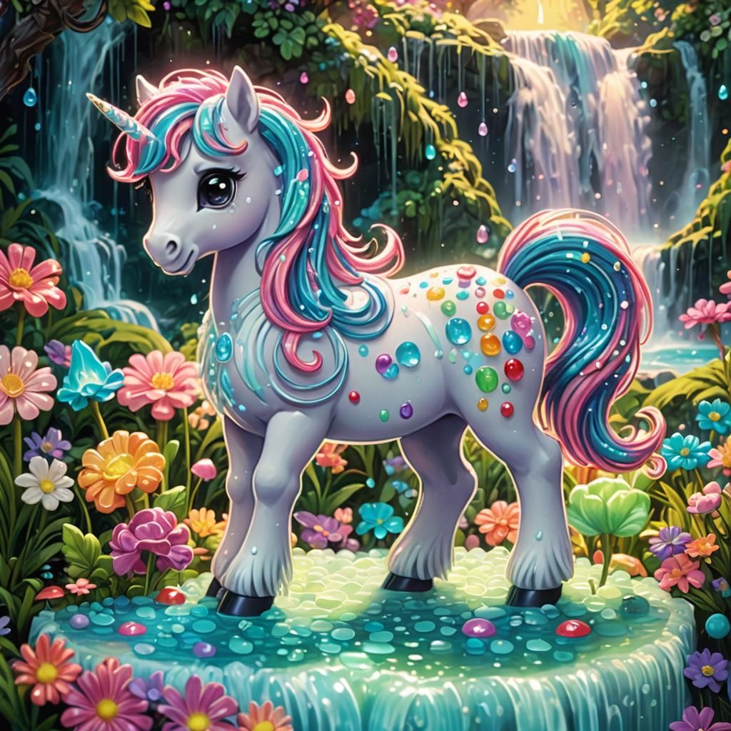 Chibi Pony and Bioluminescent Waterfall in Candy Art
