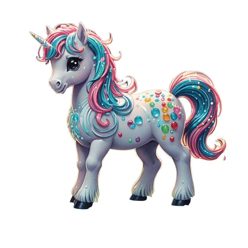 Chibi Pony with Bioluminescent Waterfall in Candy Art Style