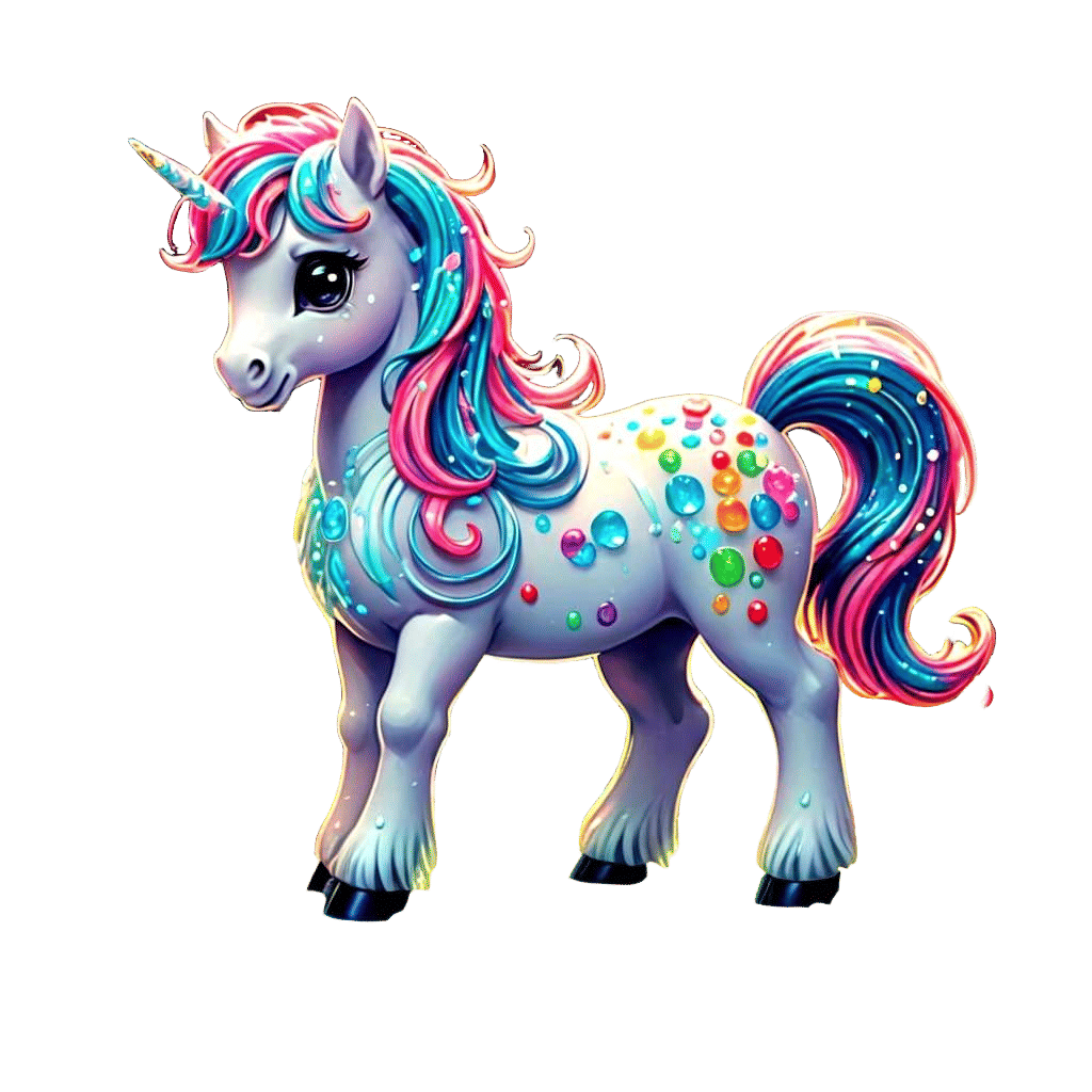 Chibi Pony with Bioluminescent Waterfall in Candy Art Style