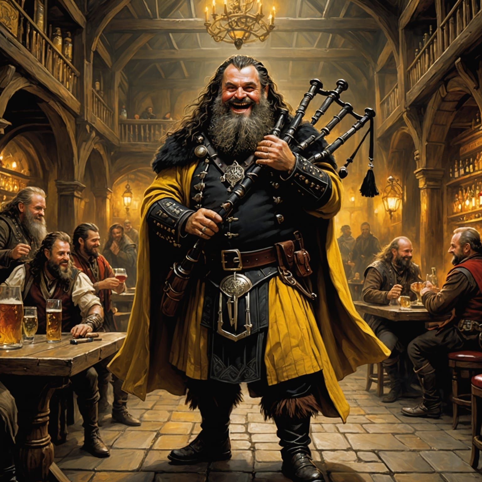 Laughing Dwarf Bard in a Glowing Tavern