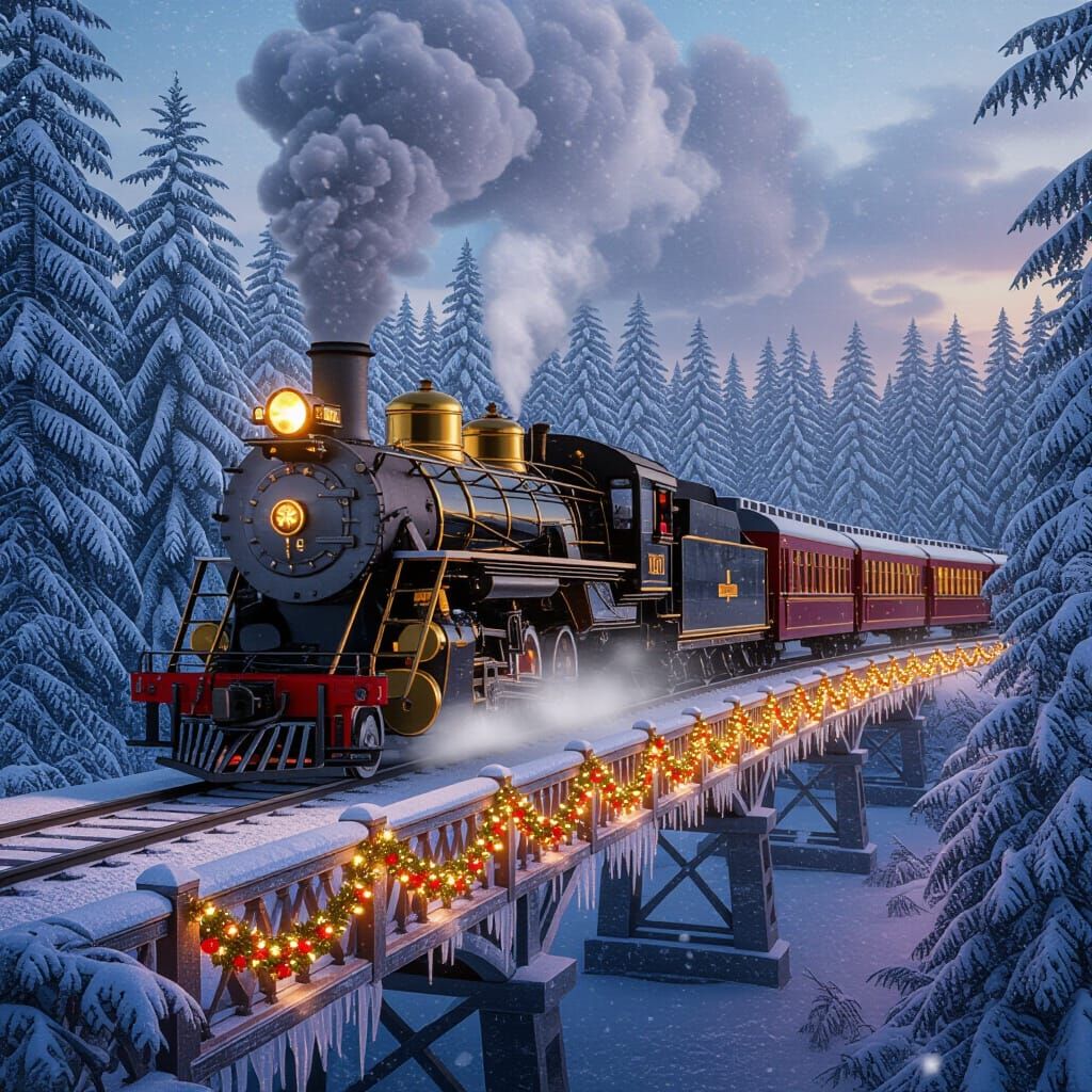 Golden Steam Train in Snowy Forest Digital Matte Painting