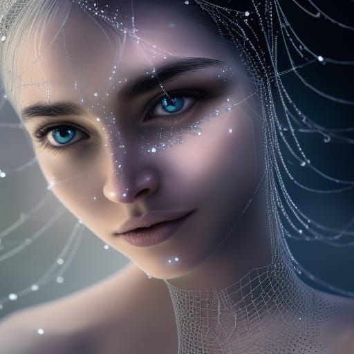 Dewy Gothic Girl Portrait with Spiderwebs, Photorealistic