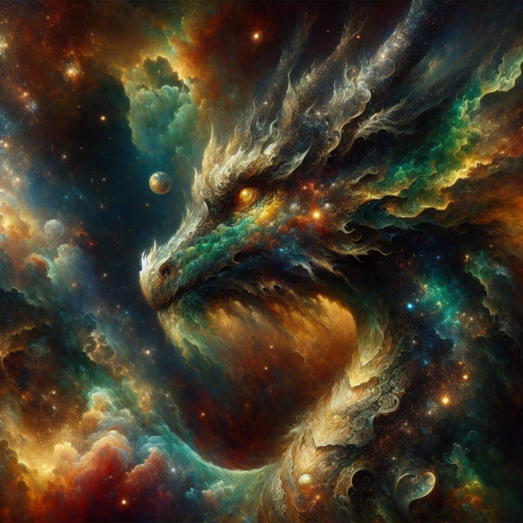 romanticism close-up of the colossal beautiful (((cosmic))) nebula elemental dragon Body made of electric fire stars and...