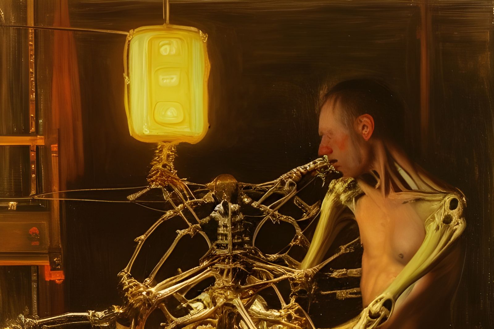 Multi-Armed Creature Working on Fiery Machine as Oil Paintin...