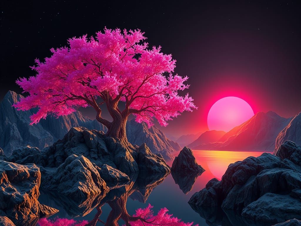 Dreamlike Landscape with Vibrant Pink Tree and Stark Grey Mo...
