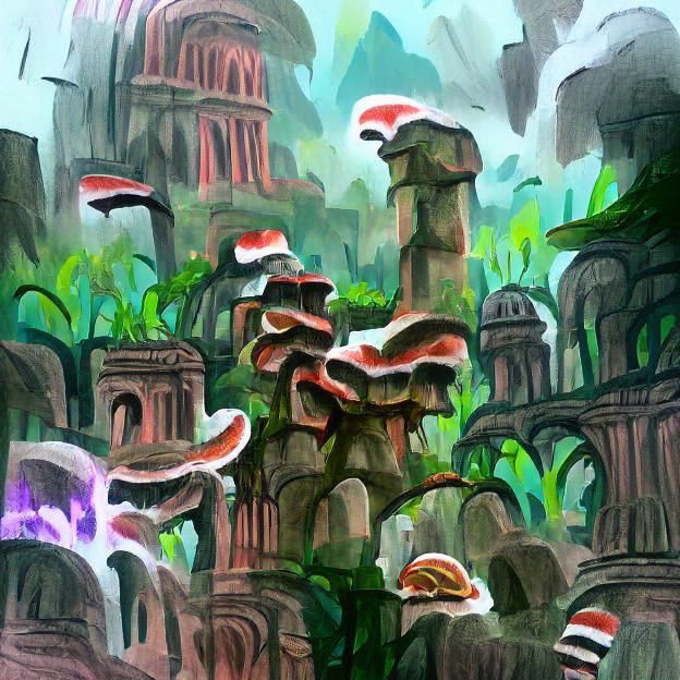 Ancient Ruins in Primeval Mushroom Jungle