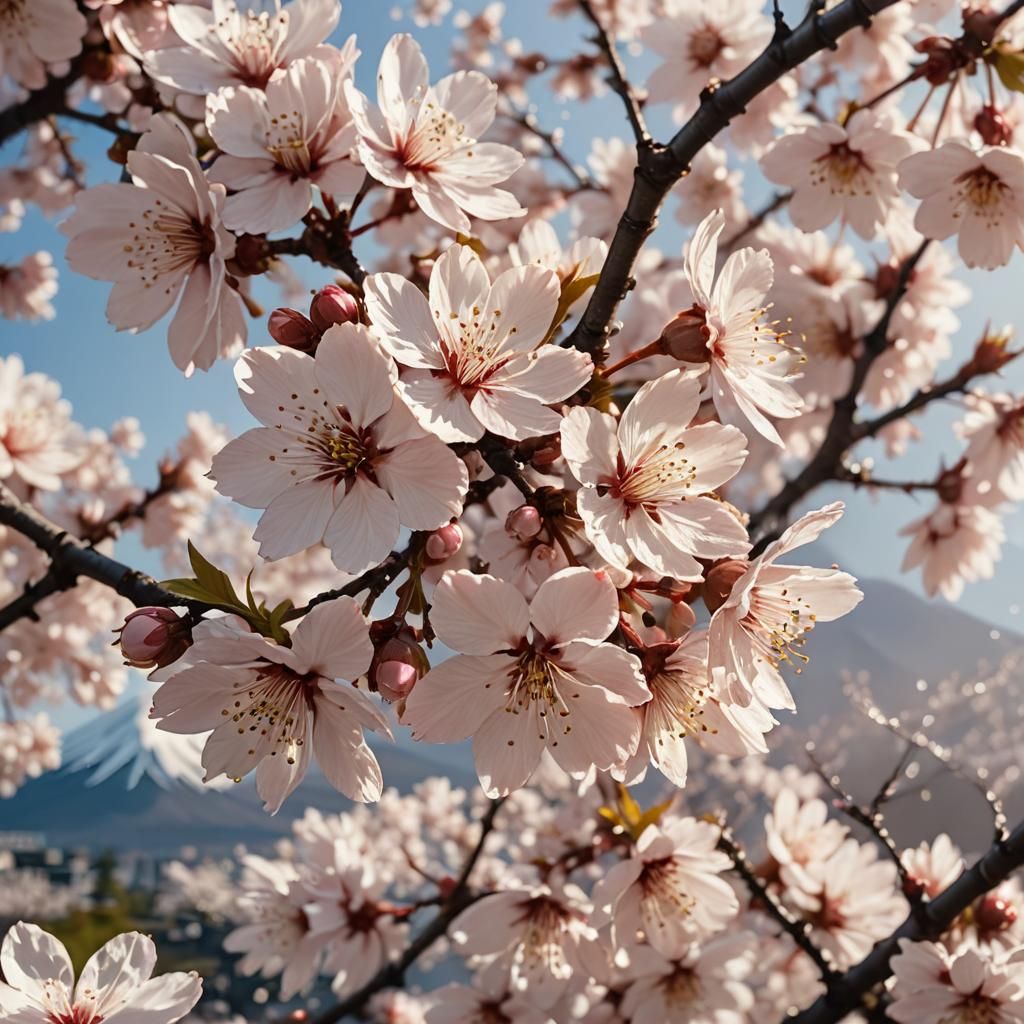 Ukiyo-e Cherry Blossoms with Mount Fuji