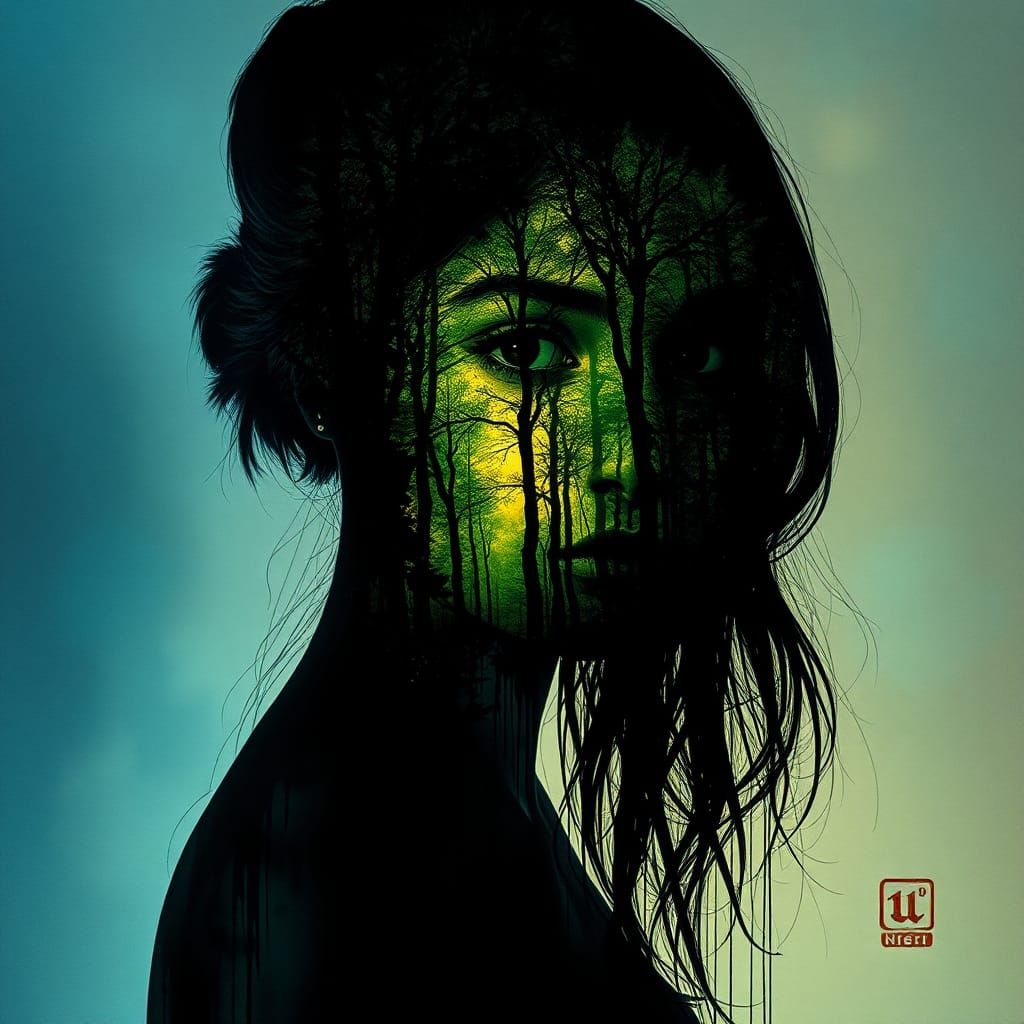 Enchanted Forest Silhouette in Dreamlike Double Exposure