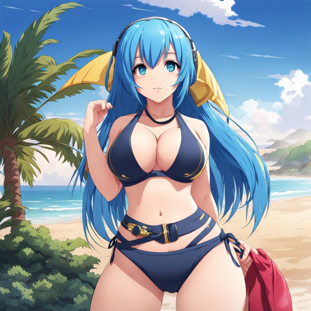Anime Girl with Blue Hair in Bikini
