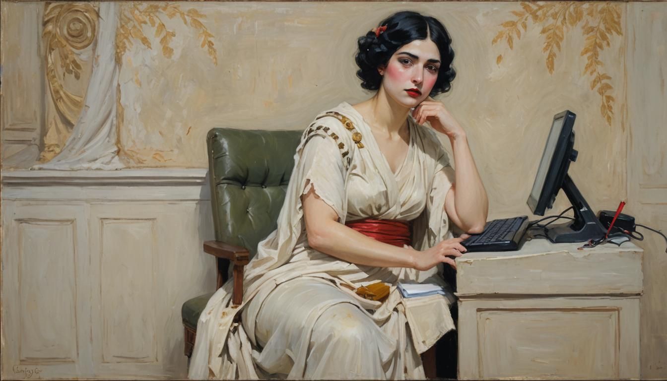 Ancient Roman Woman at Computer, Impressionist Painting
