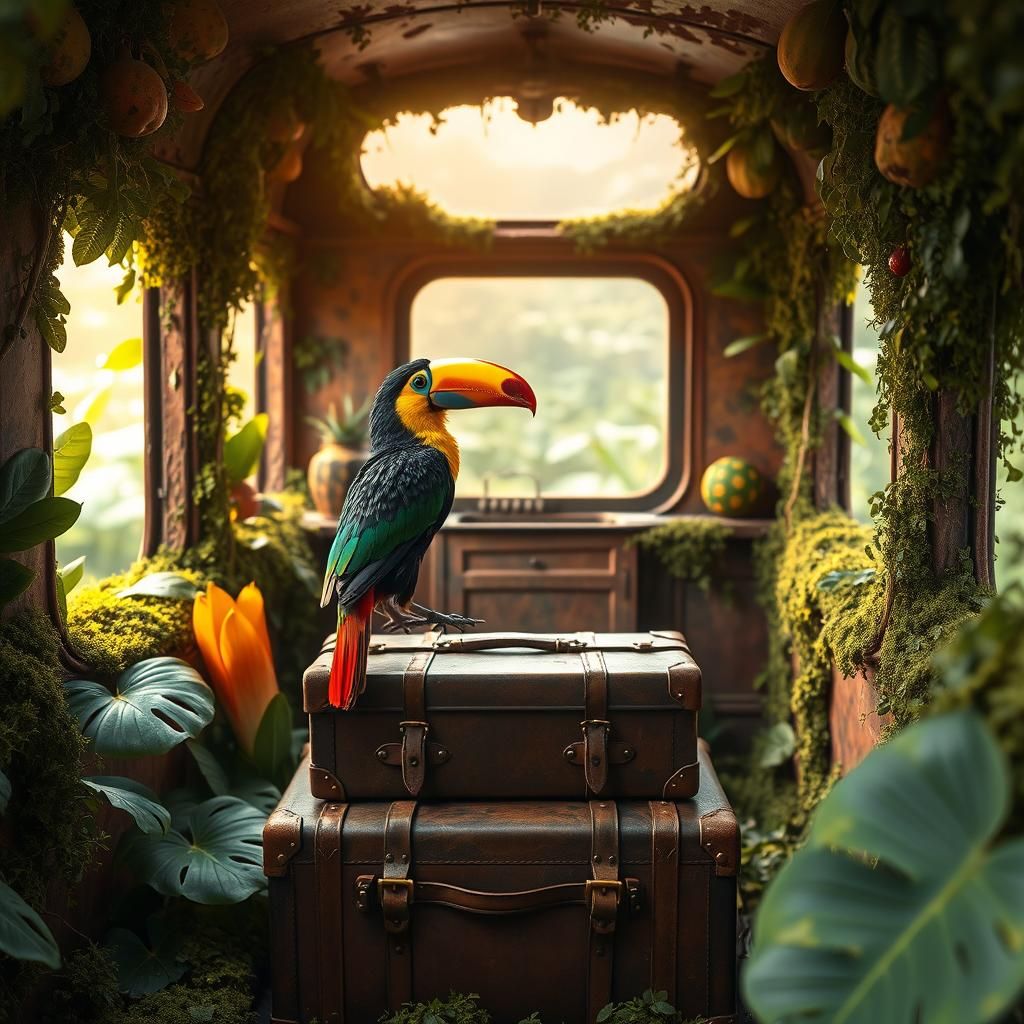 Tropical Toucan in Overgrown Train Car