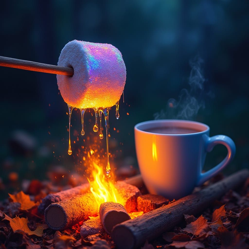 Iridescent Marshmallow Flames Over Campfire