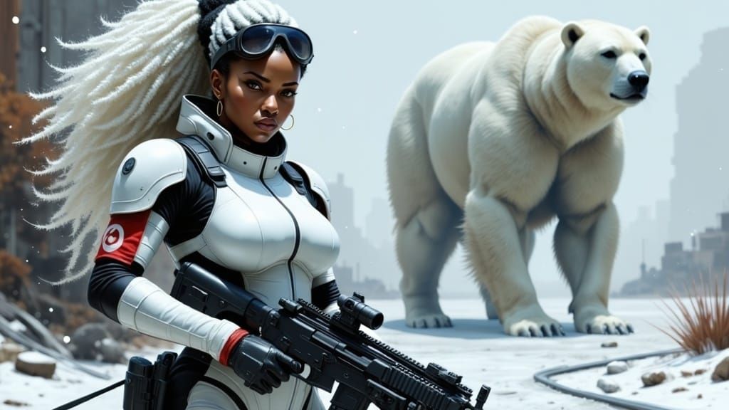 Cyberpunk Soldier in Snowy Dystopian Landscape