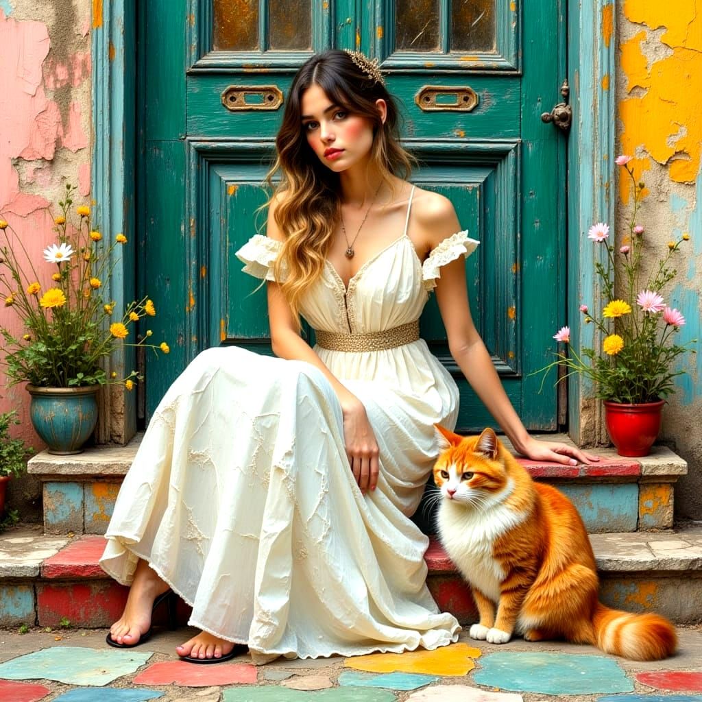 Girl with Cat in Impasto Tile Hallway