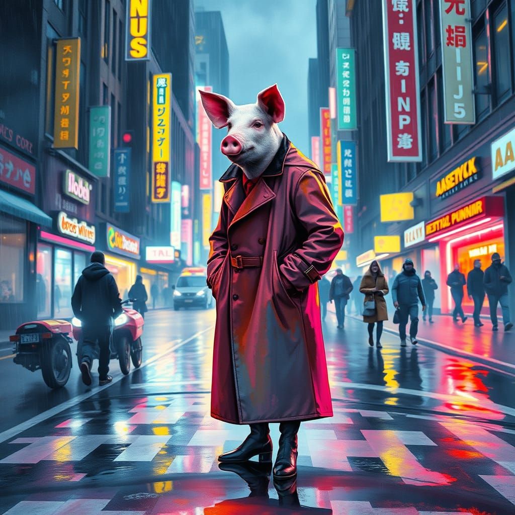 Pigman in Cyberpunk Cityscape with Watercolor Brushstrokes