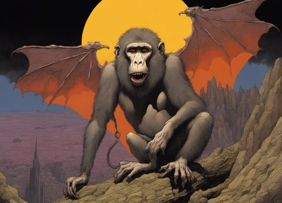 Apocalyptic Baboon Portrait in Sinister Landscape