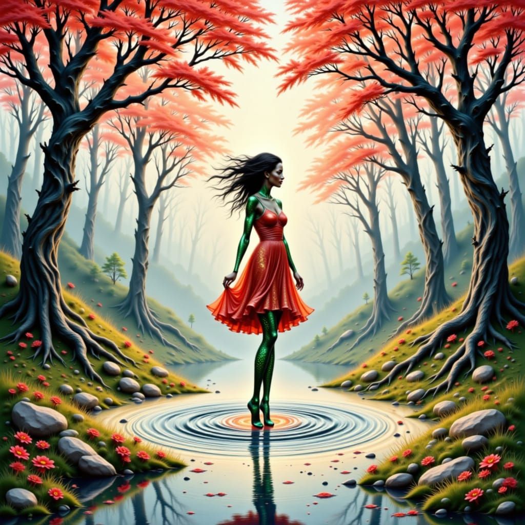 Interdimensional Woman in Neon Attire Over Lake